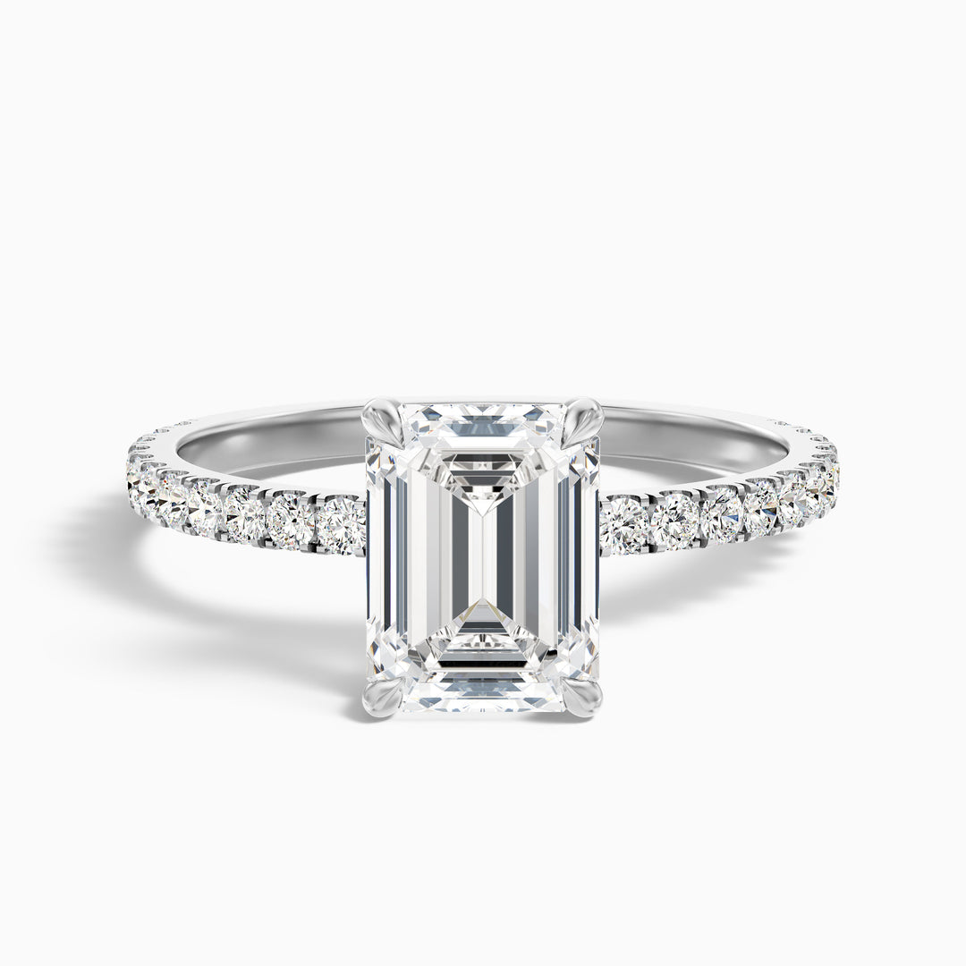 Emme 4 Carat Emerald Cut Hidden Halo Pave Lab Grown Diamond Ring in 14k White Gold