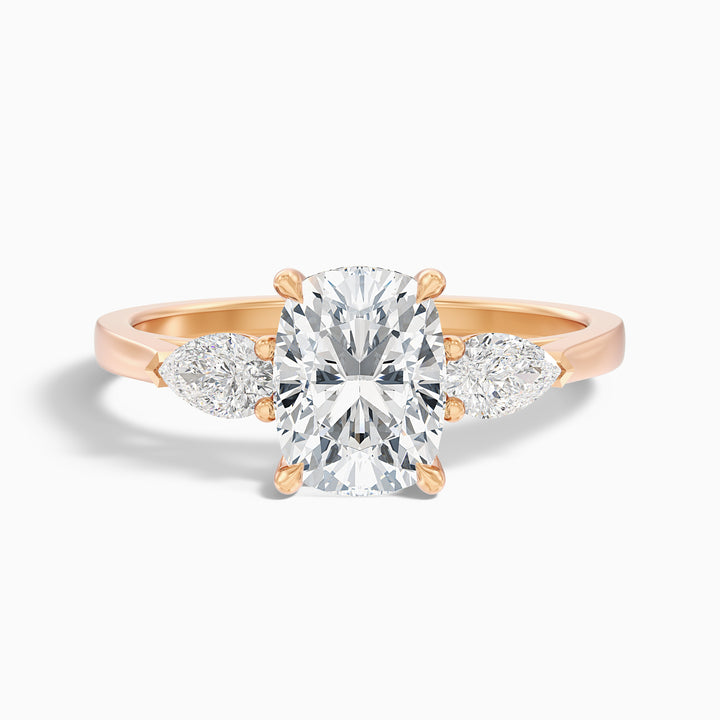 Haley 1 Carat Three Stone Ring with Pear Side Stones and an Elongated Cushion Lab Grown Diamond in 10k Rose Gold