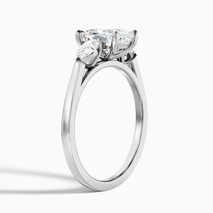 Haley 1 Carat Three Stone Ring with Pear Side Stones and an Elongated Cushion Lab Grown Diamond in 10k White Gold