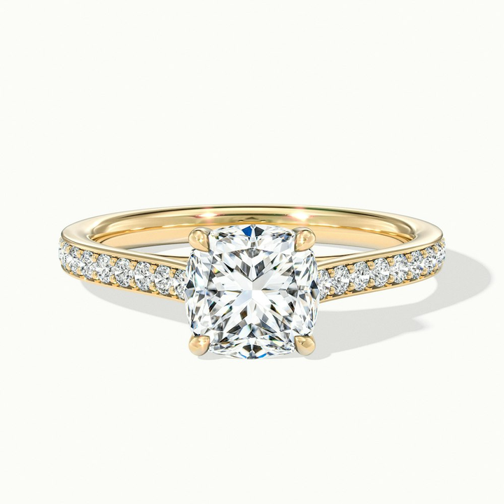 Nina 1 Carat Cushion Cut Solitaire Pave Moissanite Diamond Ring in 18k Yellow Gold