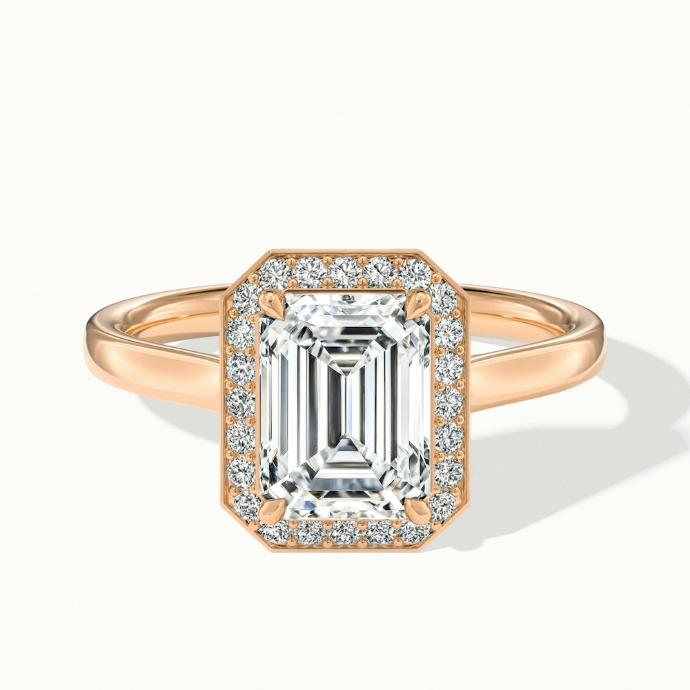 Lara 5 Carat Emerald Cut Halo Moissanite Diamond Ring in 14k Rose Gold