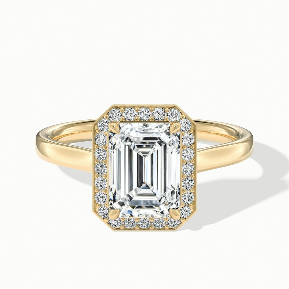 Lara 4 Carat Emerald Cut Halo Moissanite Diamond Ring in 18k Yellow Gold