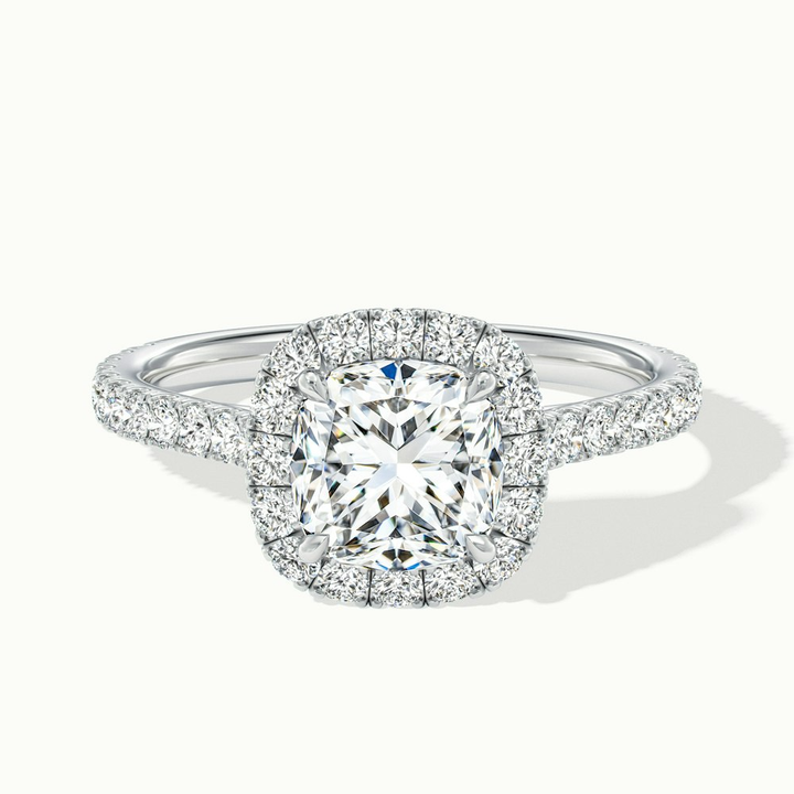 Jini 1.5 Carat Cushion Cut Halo Pave Moissanite Diamond Ring in 10k White Gold