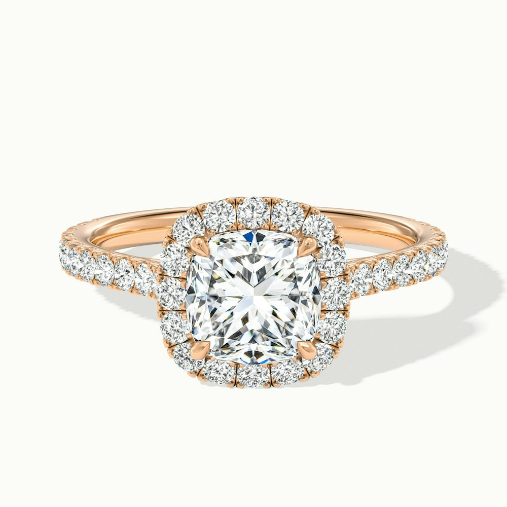 Jini 2.5 Carat Cushion Cut Halo Pave Moissanite Diamond Ring in 10k Rose Gold