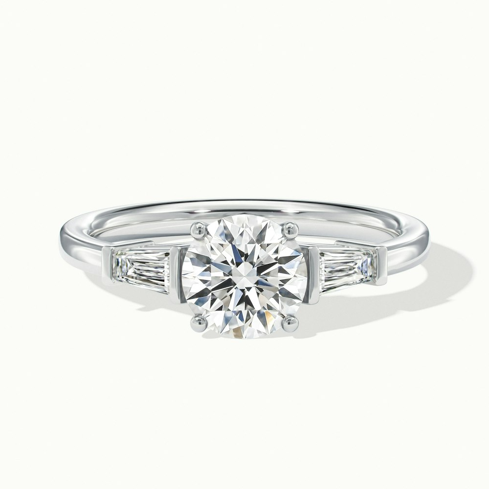 Hope 4 Carat Round 3 Stone Moissanite Diamond Ring With Side Baguette Diamonds in 18k White Gold