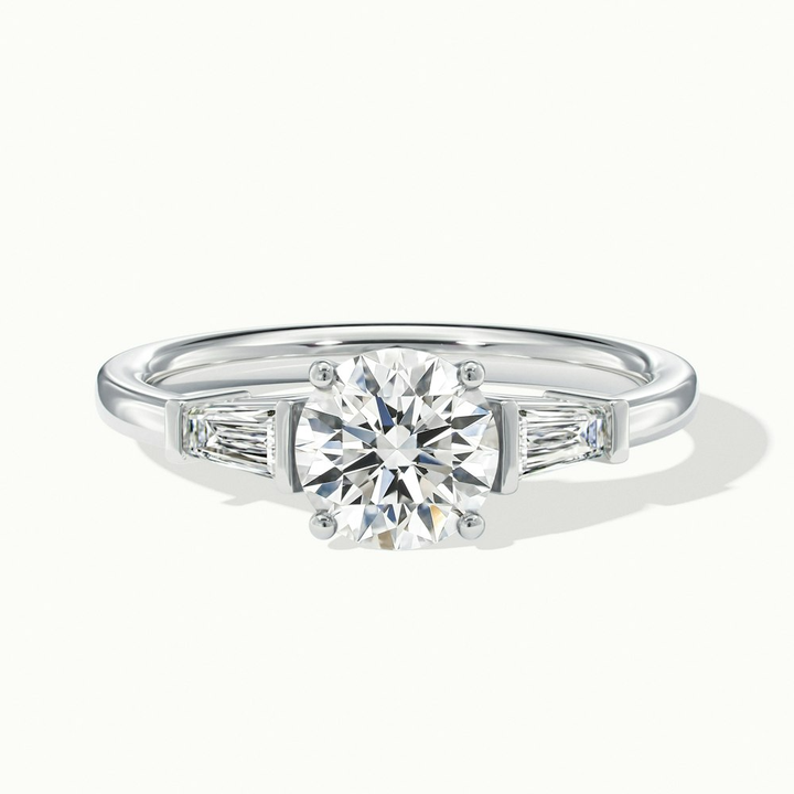 Hope 3 Carat Round 3 Stone Moissanite Diamond Ring With Side Baguette Diamonds in 10k White Gold