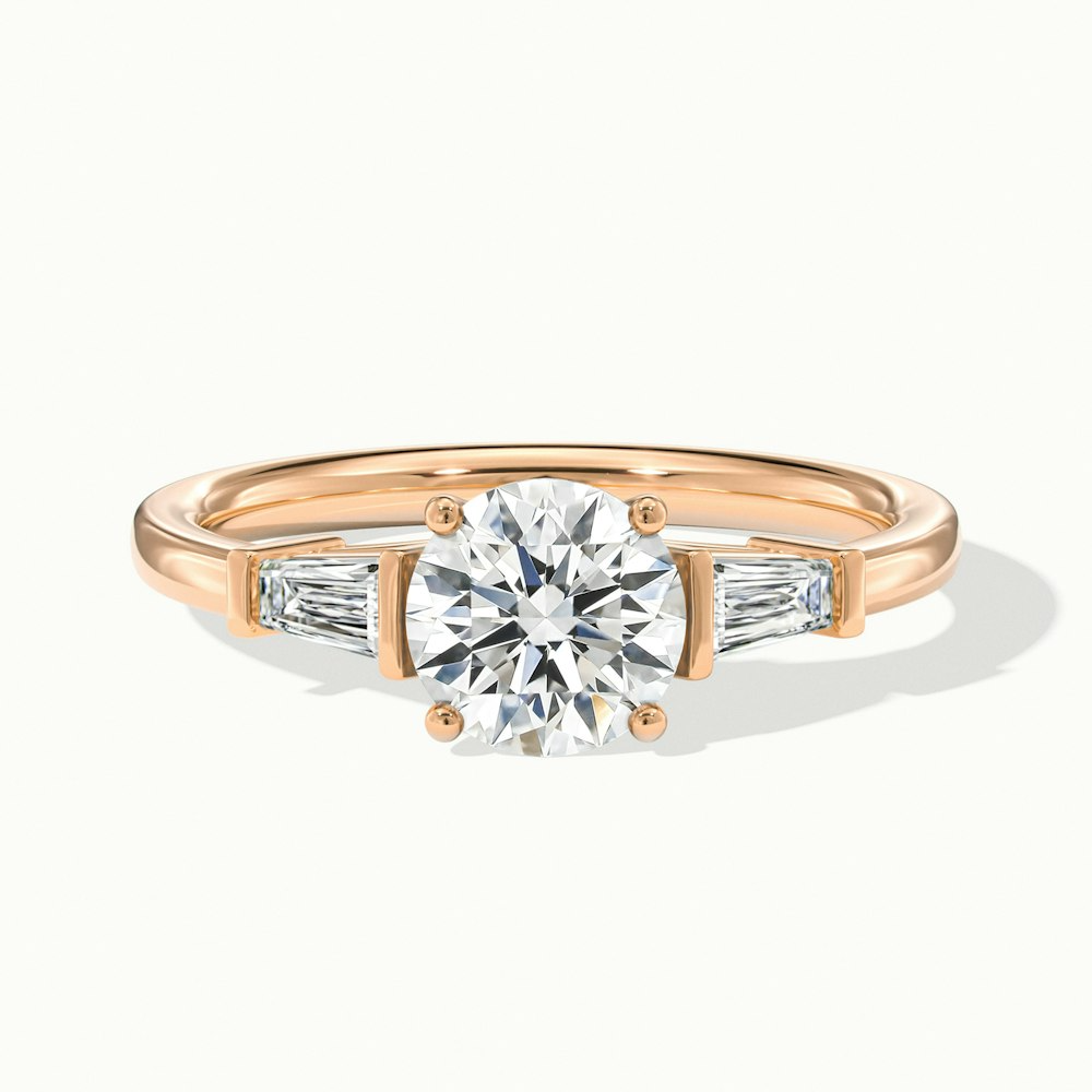 Kia 7 Carat Round 3 Stone Moissanite Diamond Ring With Side Baguette Diamonds in 18k Rose Gold