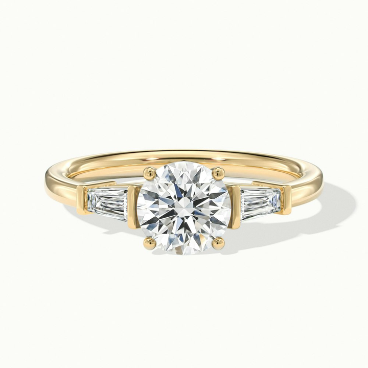 Kia 6 Carat Round 3 Stone Moissanite Diamond Ring With Side Baguette Diamonds in 18k Yellow Gold