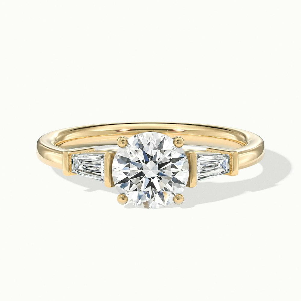 Kia 8 Carat Round 3 Stone Moissanite Diamond Ring With Side Baguette Diamonds in 18k Yellow Gold