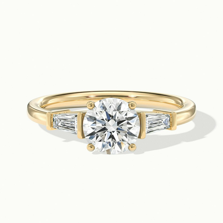 Hope 1.5 Carat Round 3 Stone Moissanite Diamond Ring With Side Baguette Diamonds in 18k Yellow Gold