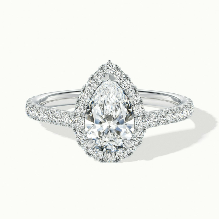 Emie 9 Carat Pear Shaped Halo Moissanite Diamond Ring in 18k White Gold