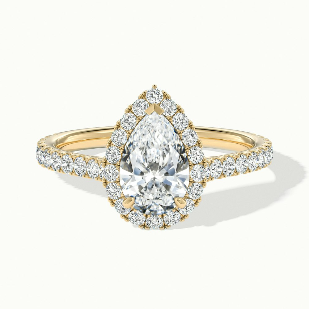 Cindy 5 Carat Pear Shaped Halo Moissanite Diamond Ring in 18k Yellow Gold