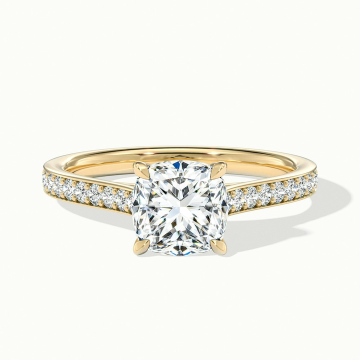 Eva 2 Carat Cushion Cut Solitaire Pave Moissanite Diamond Ring in 10k Yellow Gold