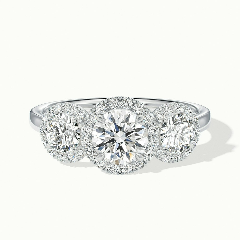 Flora 4 Carat Three Stone Round Halo Lab Grown Diamond Ring in 10k White Gold