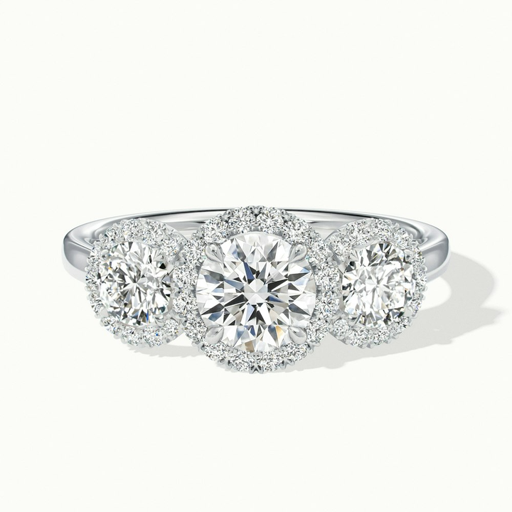 Emma 2 Carat Three Stone Round Halo Moissanite Engagement Ring in 10k White Gold