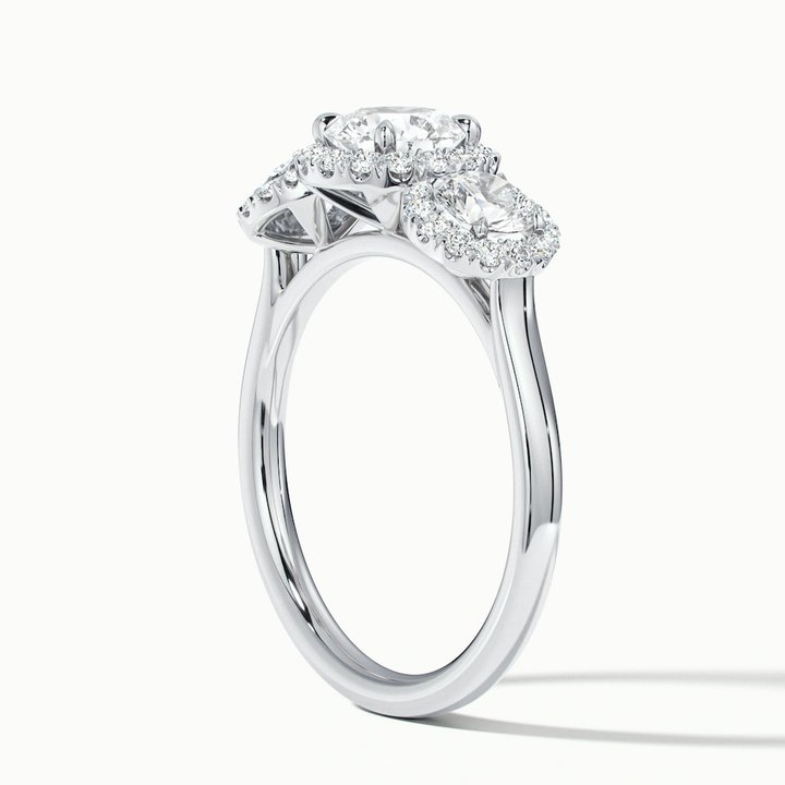 Dara 6 Carat Three Stone Round Halo Moissanite Engagement Ring in 18k White Gold