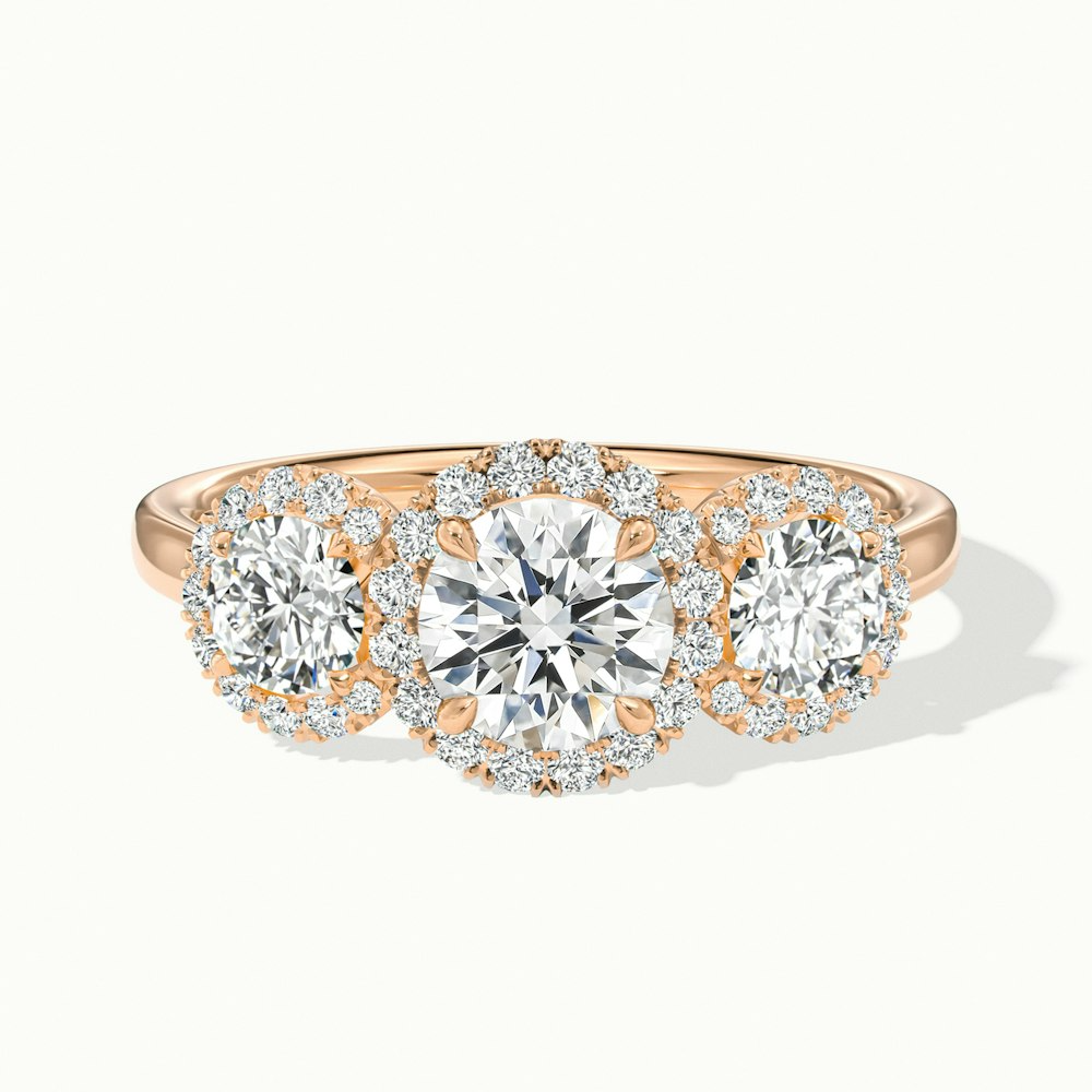 Dara 9 Carat Three Stone Round Halo Moissanite Engagement Ring in 18k Rose Gold