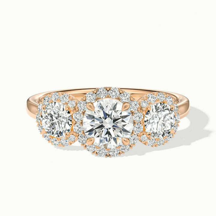 Flora 2.5 Carat Three Stone Round Halo Lab Grown Diamond Ring in 10k Rose Gold