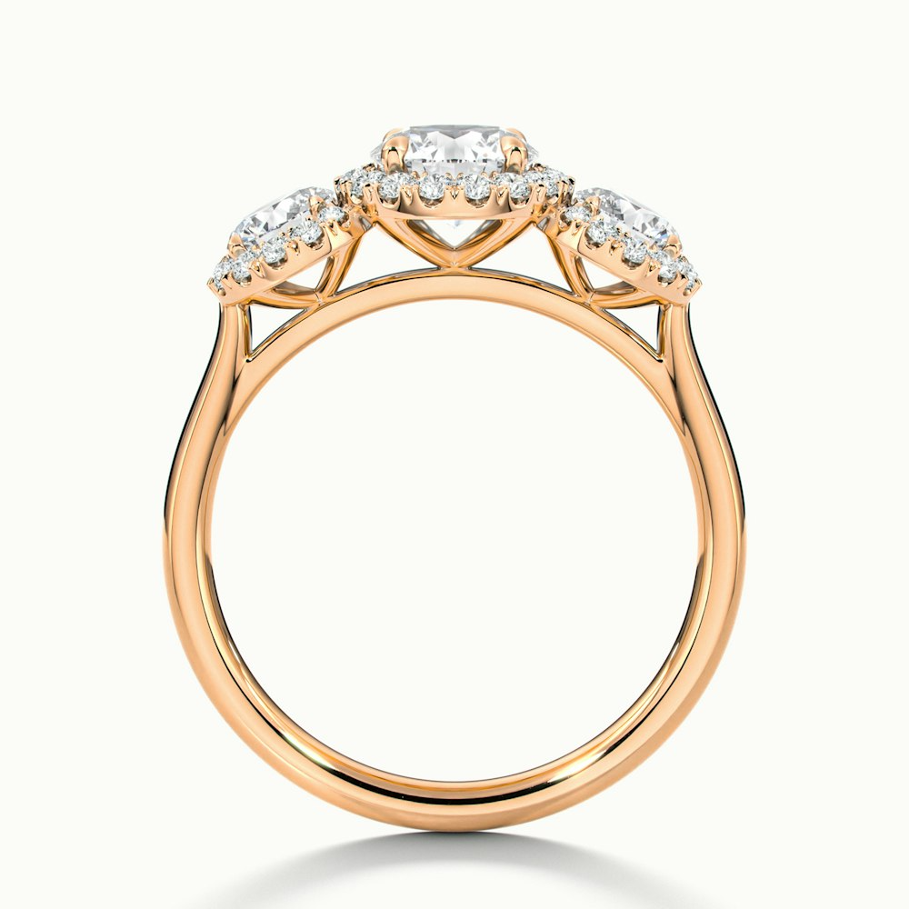 Emma 1.5 Carat Three Stone Round Halo Moissanite Engagement Ring in 14k Rose Gold