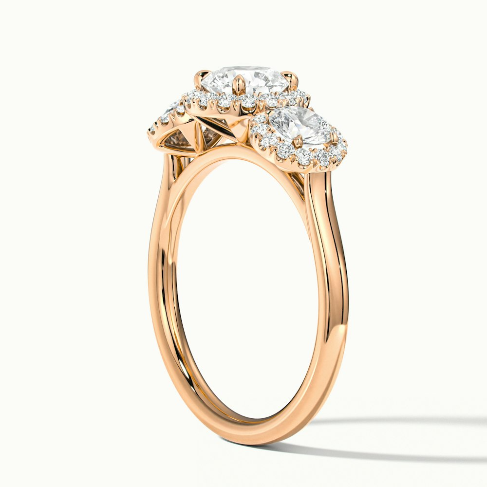 Flora 5 Carat Three Stone Round Halo Lab Grown Diamond Ring in 10k Rose Gold