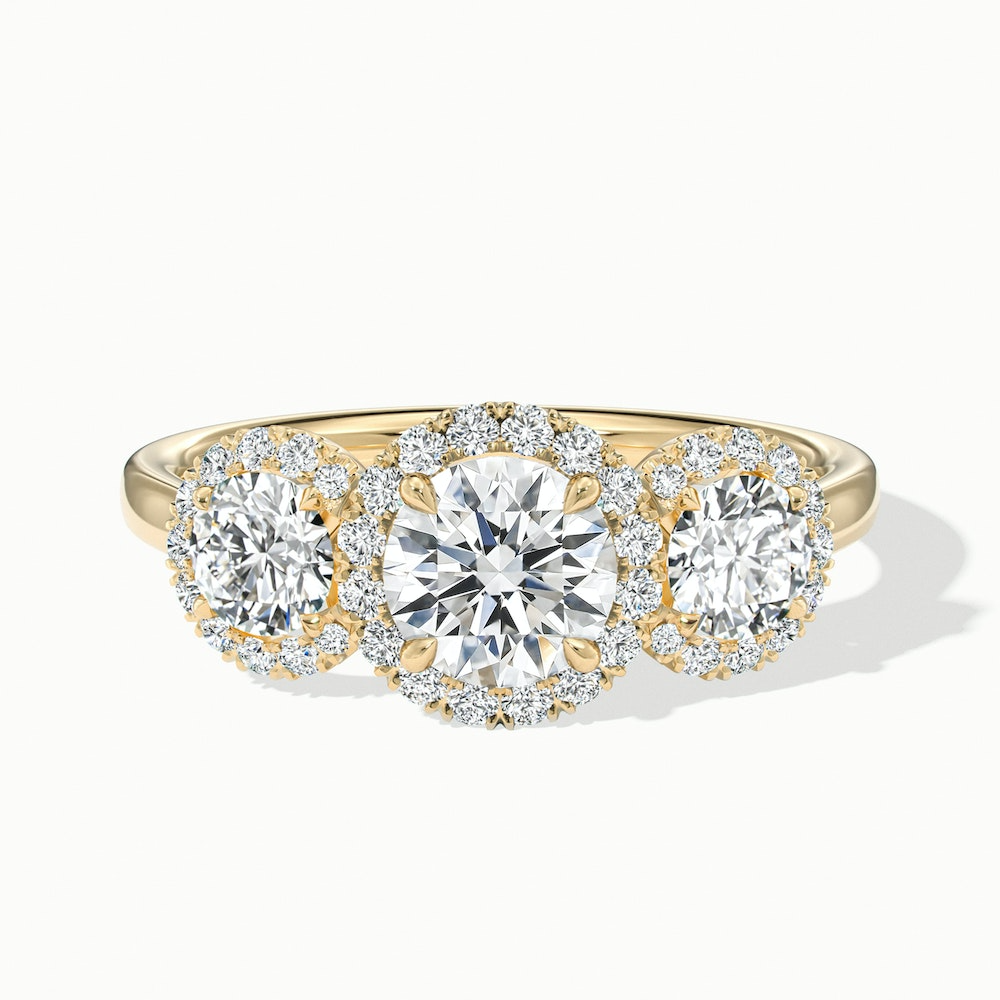 Flora 3.5 Carat Three Stone Round Halo Lab Grown Diamond Ring in 18k Yellow Gold