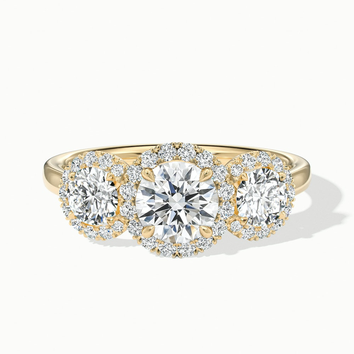 Flora 4 Carat Three Stone Round Halo Lab Grown Diamond Ring in 10k Yellow Gold