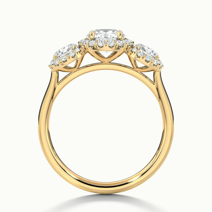 Flora 2.5 Carat Three Stone Round Halo Lab Grown Diamond Ring in 18k Yellow Gold