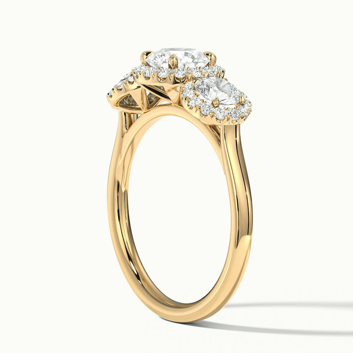 Flora 1.5 Carat Three Stone Round Halo Lab Grown Diamond Ring in 18k Yellow Gold
