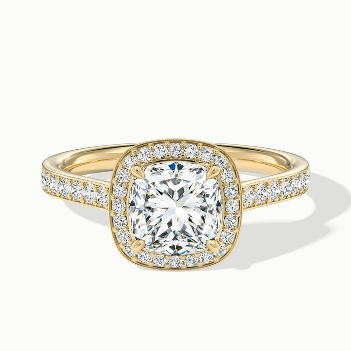Kelly 1 Carat Cushion Cut Halo Pave Moissanite Engagement Ring in 10k Yellow Gold