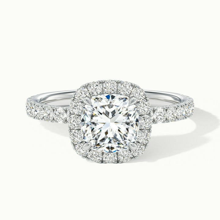 Gina 1 Carat Cushion Cut Halo Scallop Moissanite Engagement Ring in 10k White Gold