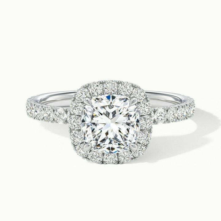 Gina 2 Carat Cushion Cut Halo Scallop Moissanite Engagement Ring in 18k White Gold