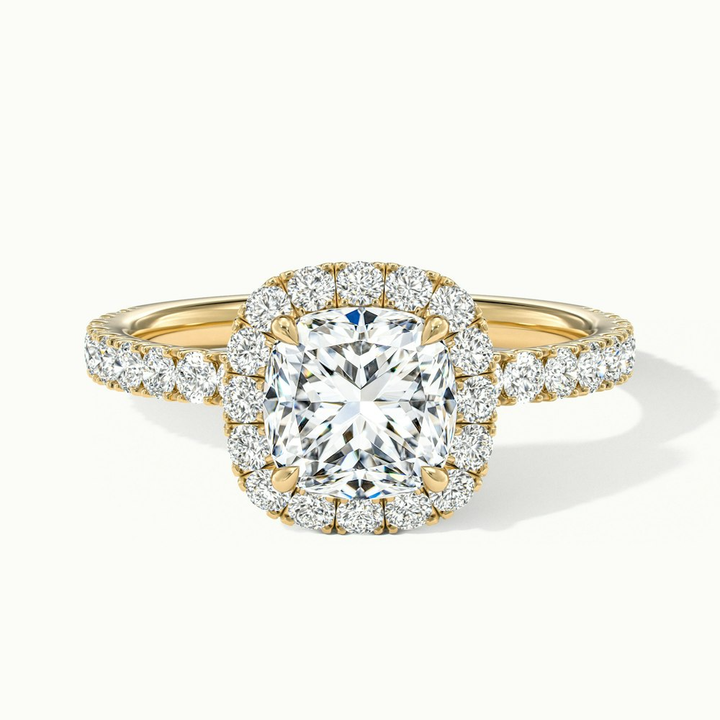 June 5 Carat Cushion Cut Halo Scallop Lab Grown Diamond Ring in 14k Yellow Gold