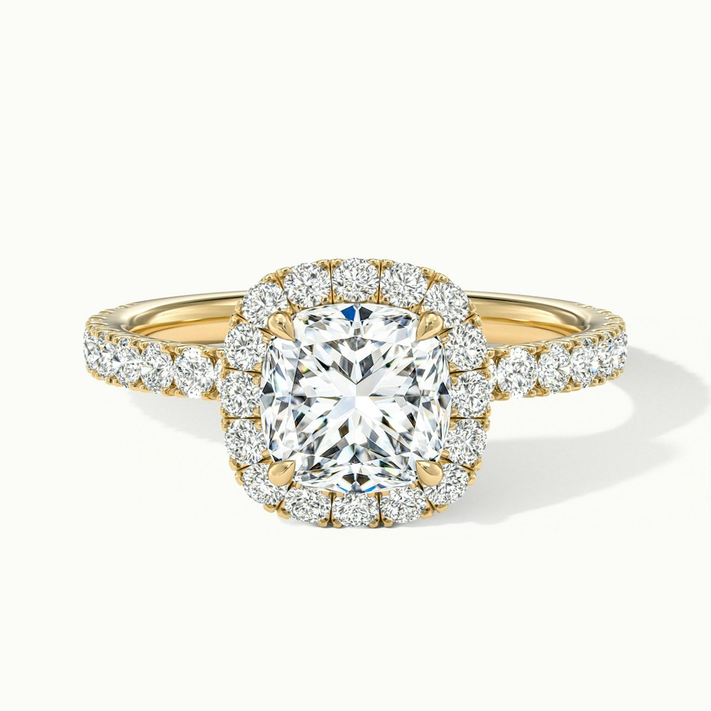 Gina 1 Carat Cushion Cut Halo Scallop Moissanite Engagement Ring in 18k Yellow Gold