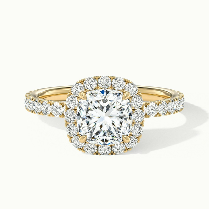 Gina 2 Carat Cushion Cut Halo Scallop Moissanite Engagement Ring in 10k Yellow Gold