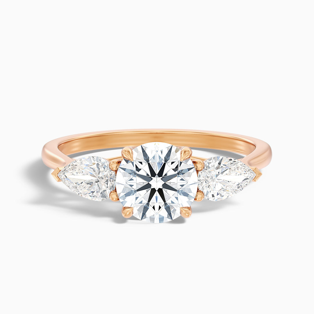 olia 7 carat round 3 stone moissanite diamond ring with pear side stone in 18k rose gold -  Front View