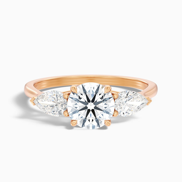 olia 6 carat round 3 stone moissanite diamond ring with pear side stone in 10k rose gold -  Front View