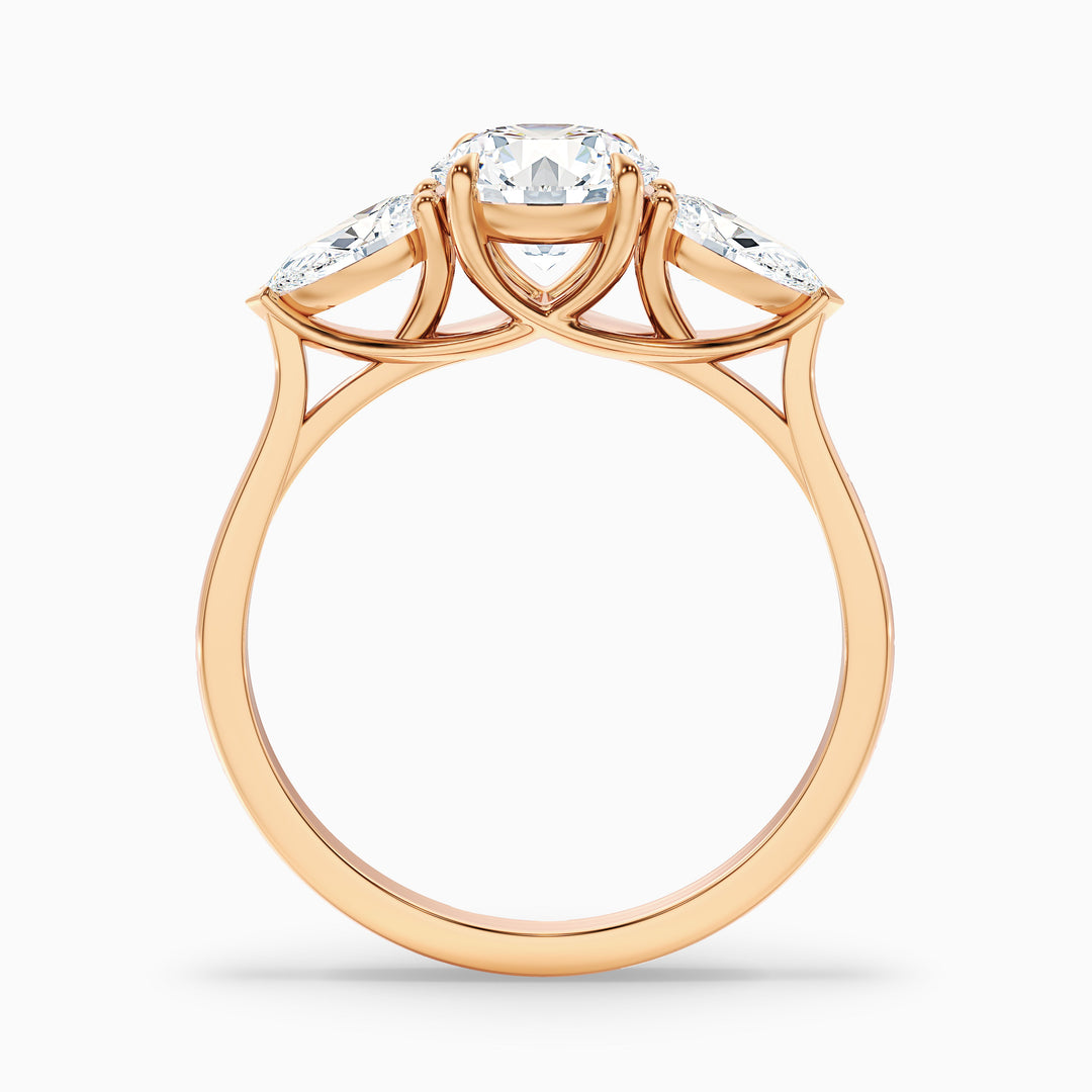 olia 8 carat round 3 stone moissanite diamond ring with pear side stone in 10k rose gold -  Side View