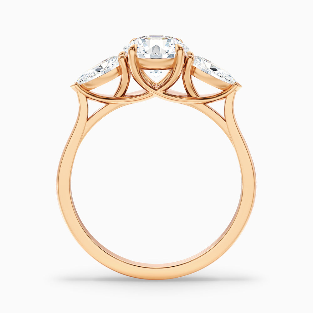 olia 9 carat round 3 stone moissanite diamond ring with pear side stone in 14k rose gold -  Side View