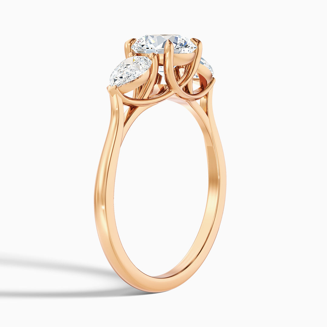 olia 7 carat round 3 stone moissanite diamond ring with pear side stone in 10k rose gold -  Detail View