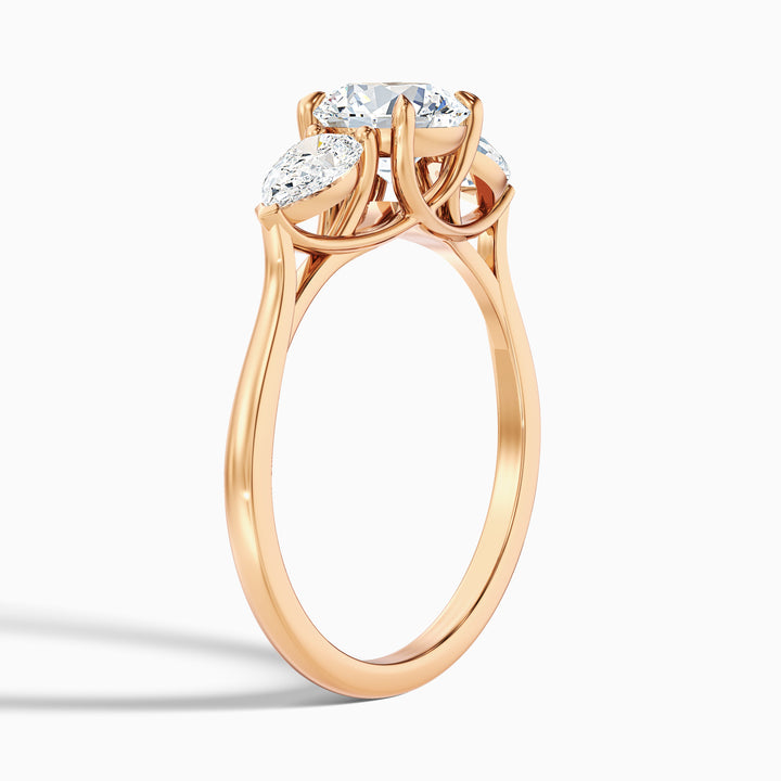 Kai 2 Carat Round 3 Stone Lab Grown Engagement Ring With Pear Side Stone in 18k Rose Gold - Detail View