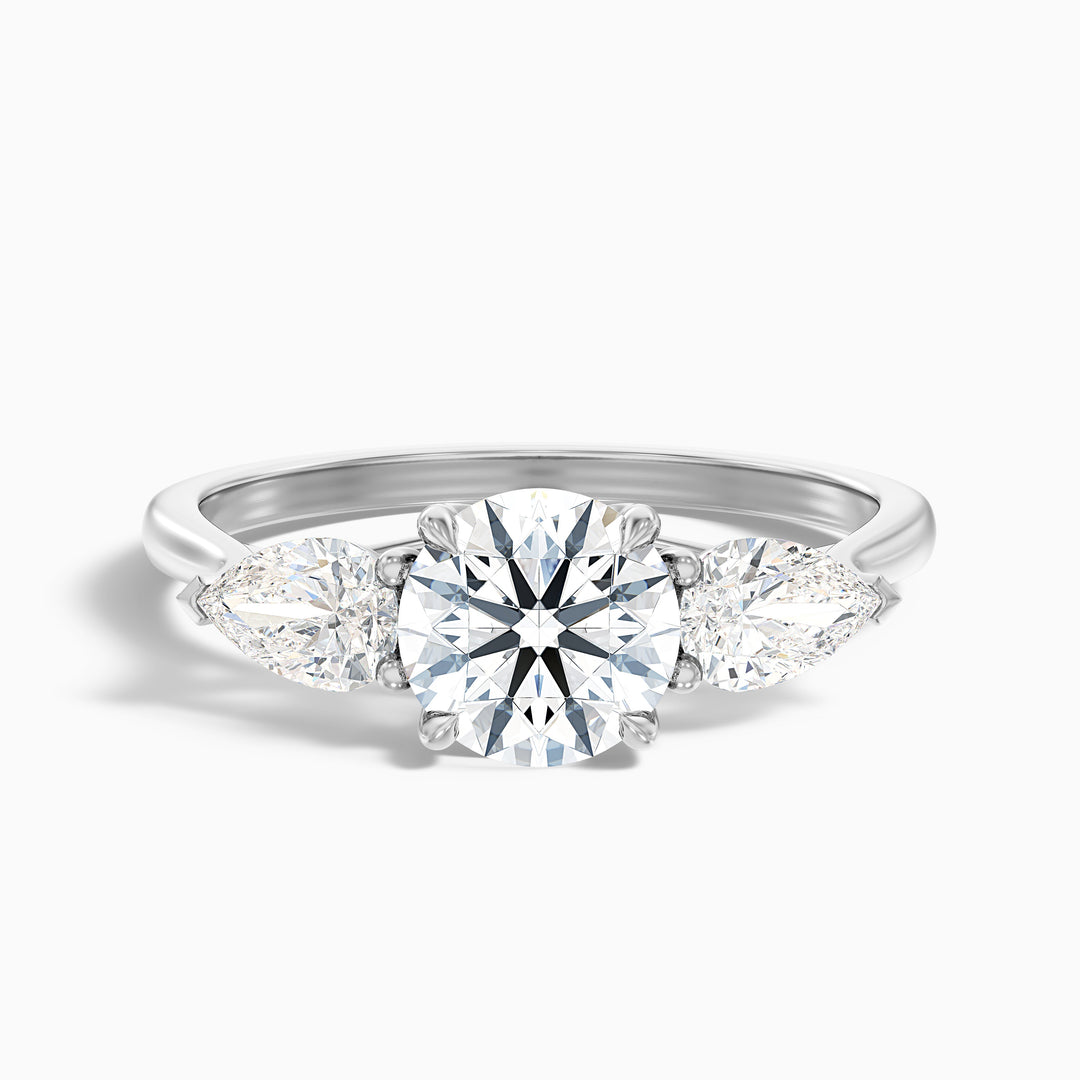 Kai 3 Carat Round 3 Stone Lab Grown Engagement Ring With Pear Side Stone in 18k White Gold - Front View