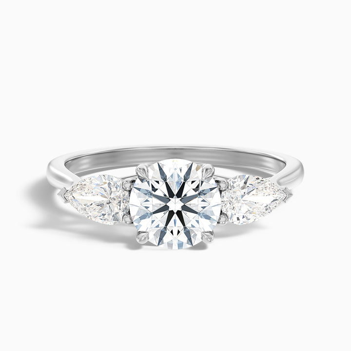olia 8 carat round 3 stone moissanite diamond ring with pear side stone in 925 sterling silver - Front View