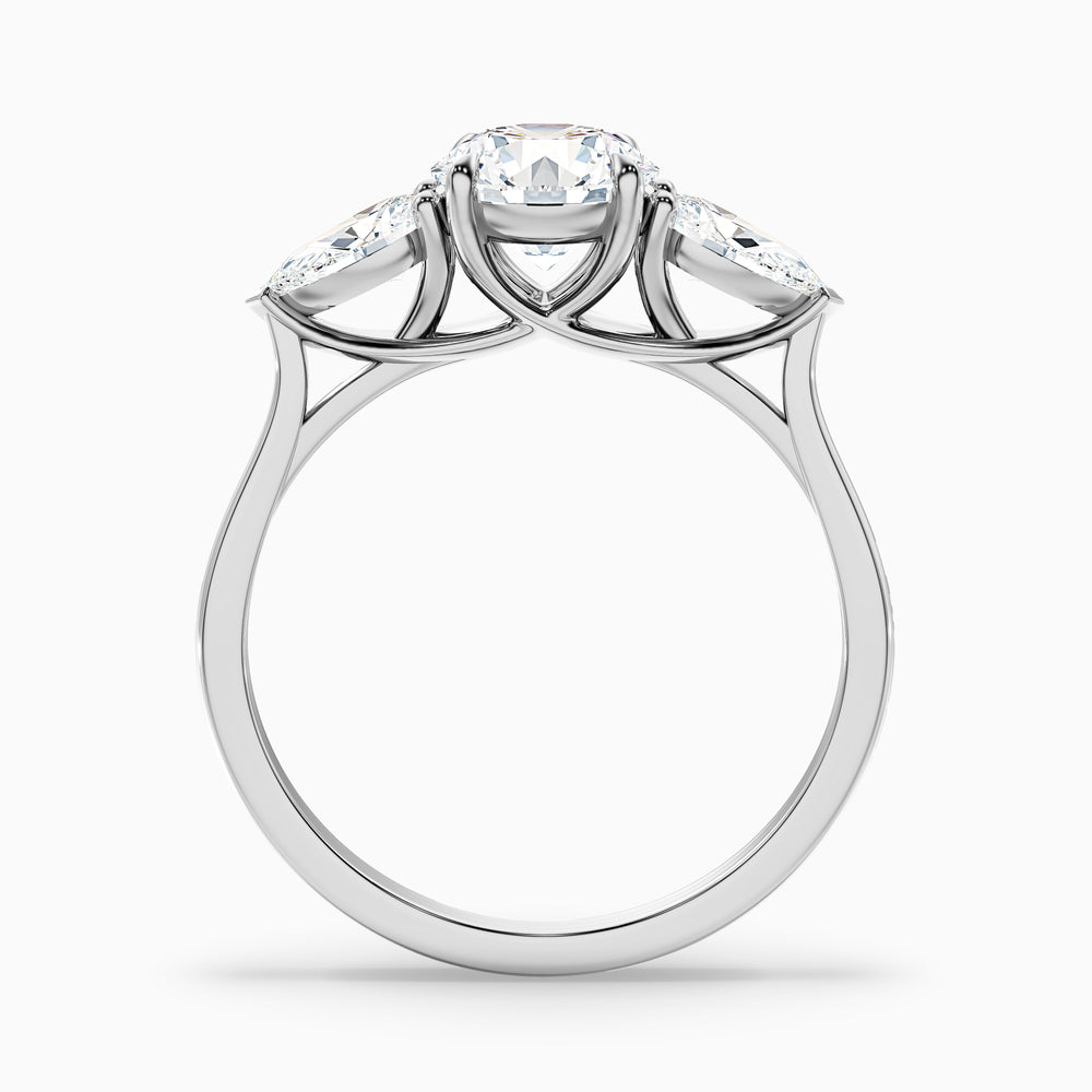 olia 7 carat round 3 stone moissanite diamond ring with pear side stone in 10k white gold -  Side View