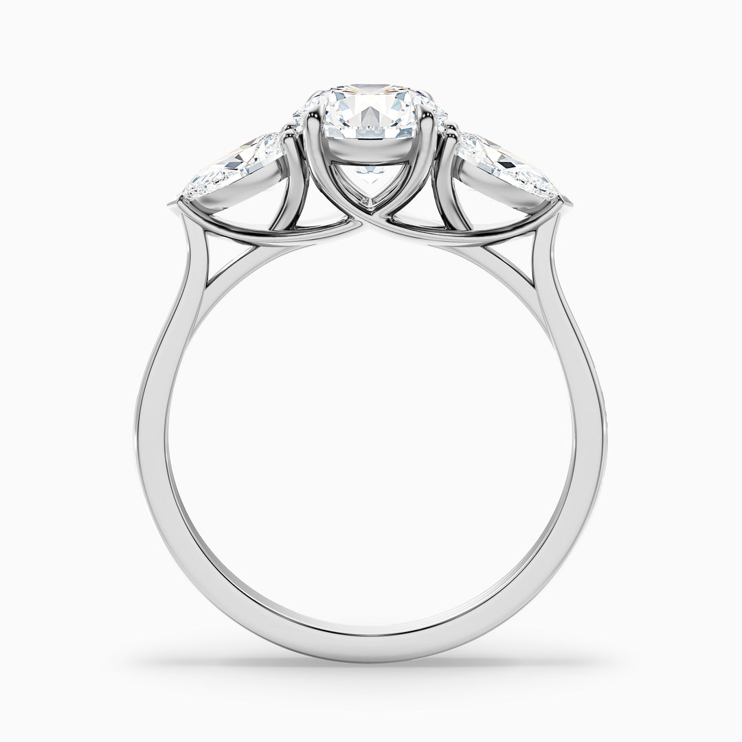 olia 7 carat round 3 stone moissanite diamond ring with pear side stone in 10k white gold -  Side View