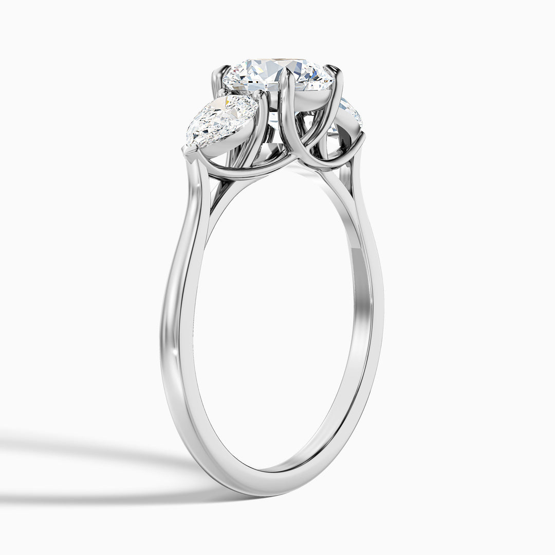 olia 7 carat round 3 stone moissanite diamond ring with pear side stone in 18k white gold -  Detail View