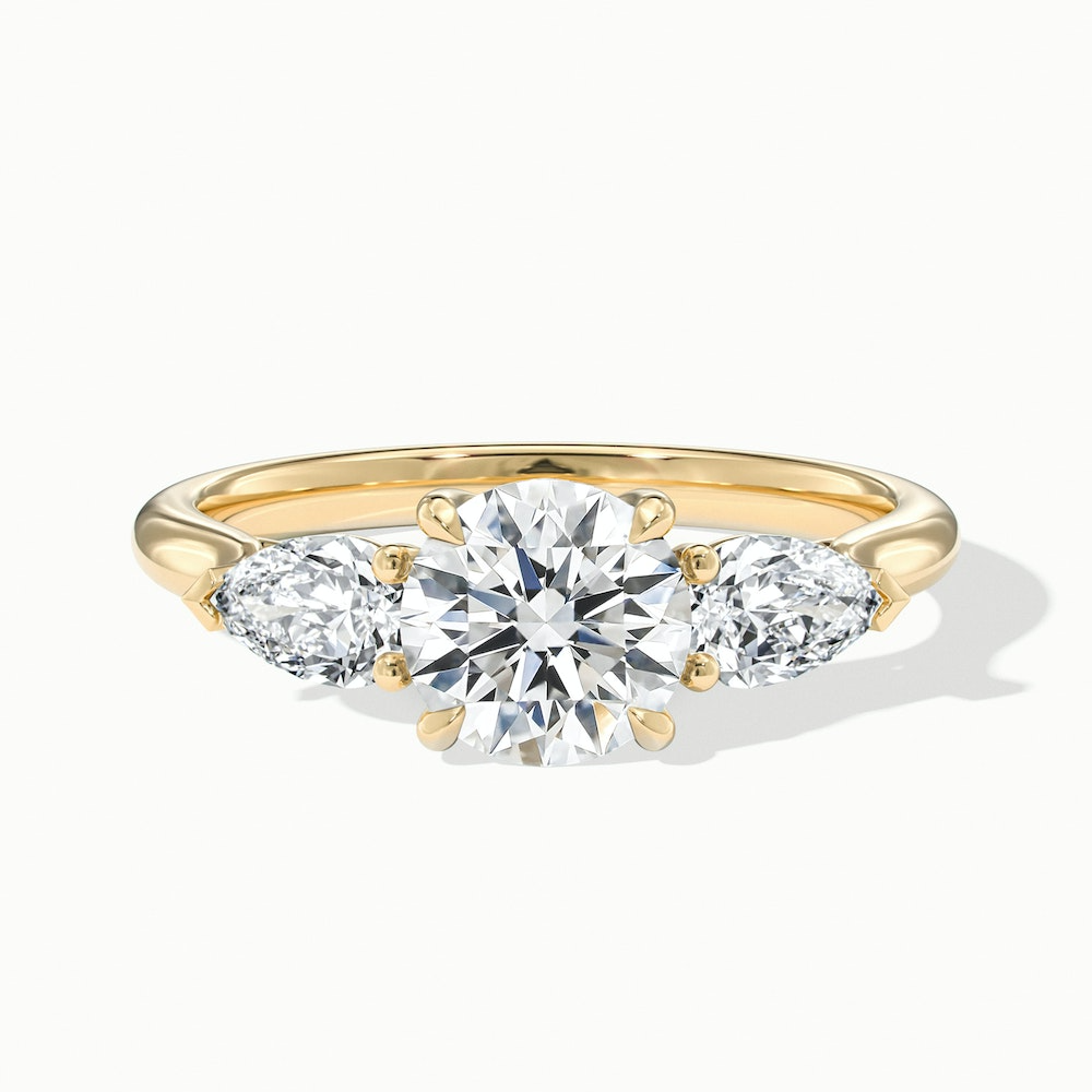 Olia 7 Carat Round 3 Stone Moissanite Diamond Ring With Pear Side Stone in 14k Yellow Gold