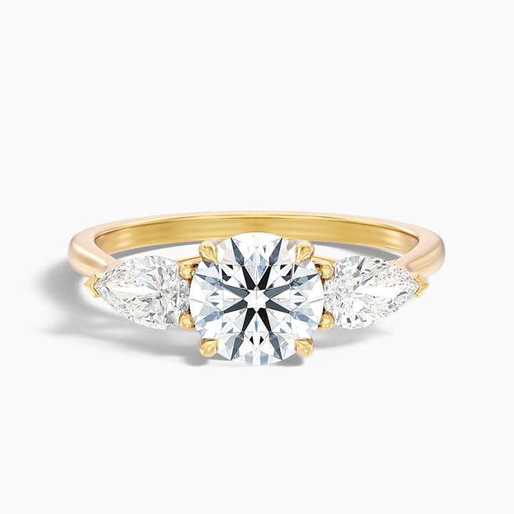 olia 6 carat round 3 stone moissanite diamond ring with pear side stone in 10k yellow gold -  Front View