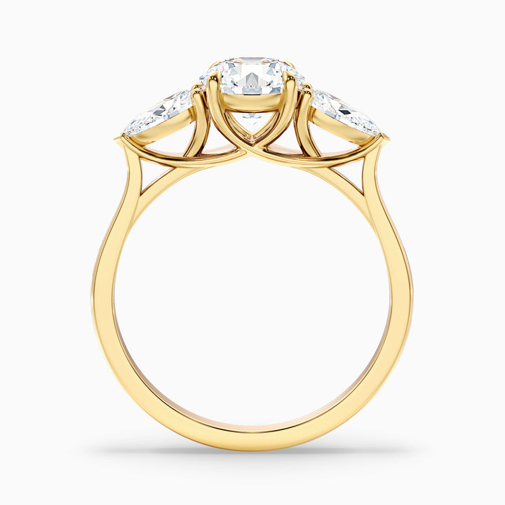 olia 8 carat round 3 stone moissanite diamond ring with pear side stone in 18k yellow gold -  Side View