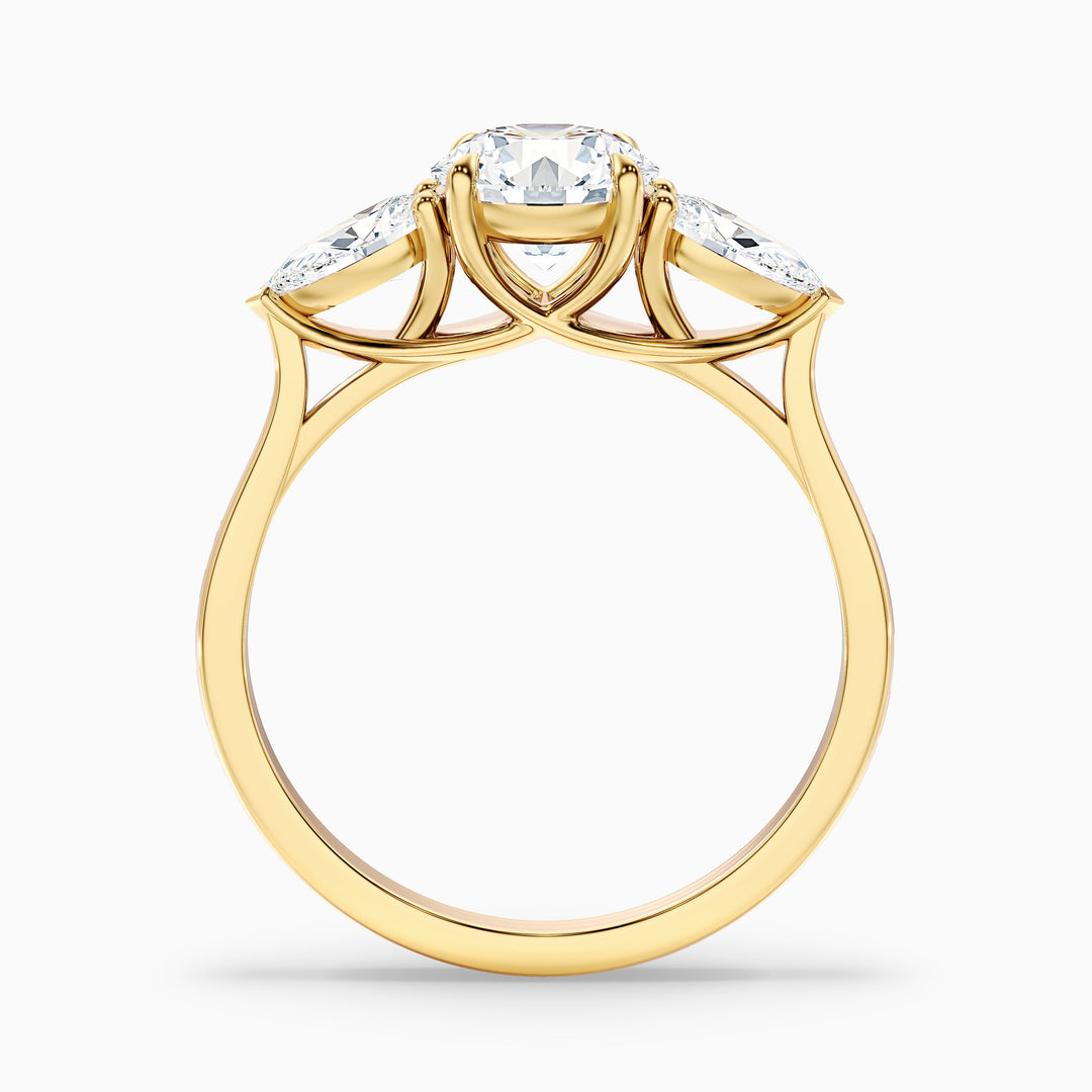 olia 7 carat round 3 stone moissanite diamond ring with pear side stone in 10k yellow gold -  Side View