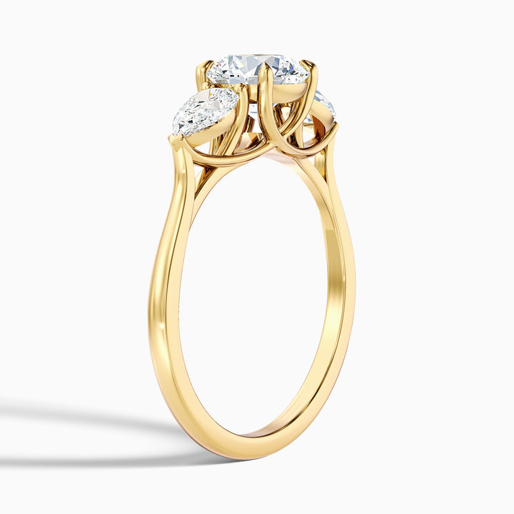 olia 7 carat round 3 stone moissanite diamond ring with pear side stone in 10k yellow gold -  Detail View